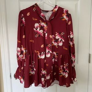 Shein Curve Floral Burgundy Tie-Neck Blouse